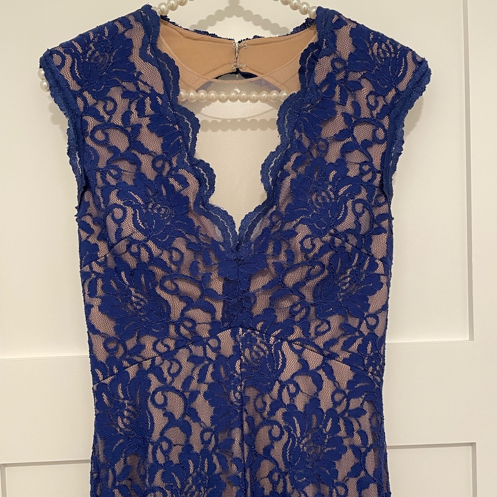 Xscape Blue lace mermaid floor length sleeveless gown with keyhole back, lined